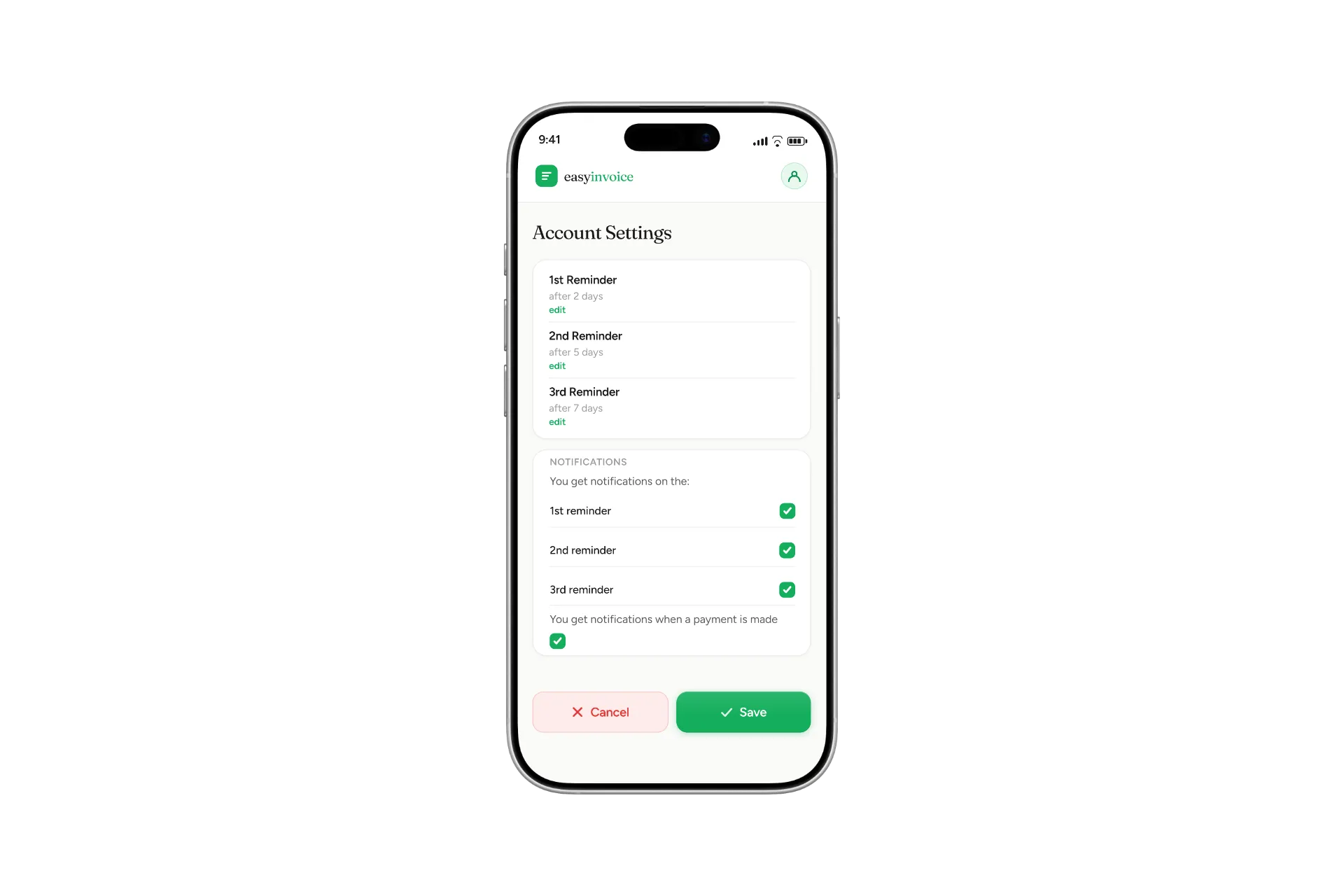Easy Invoice Account Settings screen with reminders set for 2, 5 and 7 days after a request, and a notification checkbox for each.