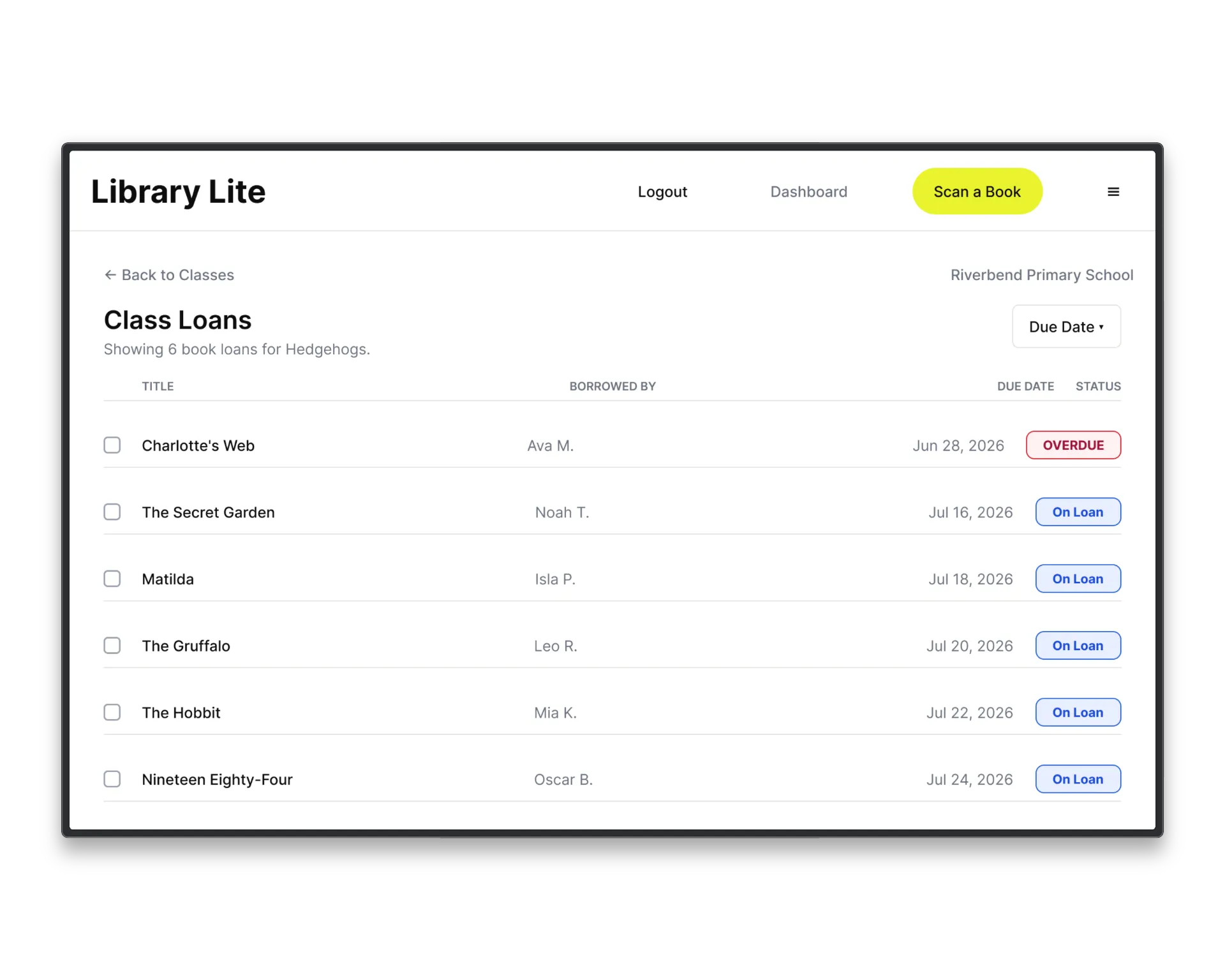 Library Lite Class Loans table listing each book, its borrower, due date and status, with one loan flagged Overdue.