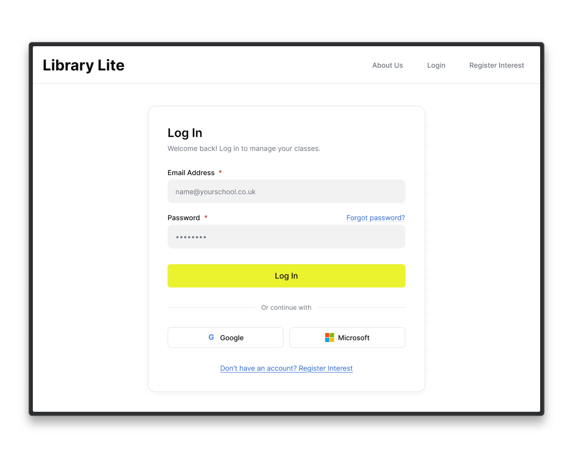 Library Lite log-in screen with email and password fields plus Google and Microsoft sign-in options.