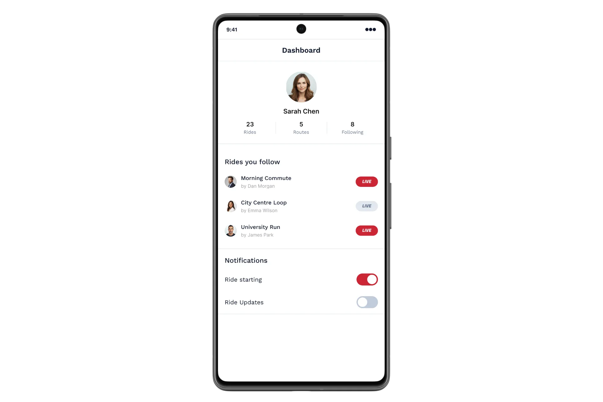 Bike Bus dashboard listing followed rides, with toggles for ride-starting and ride-update notifications.