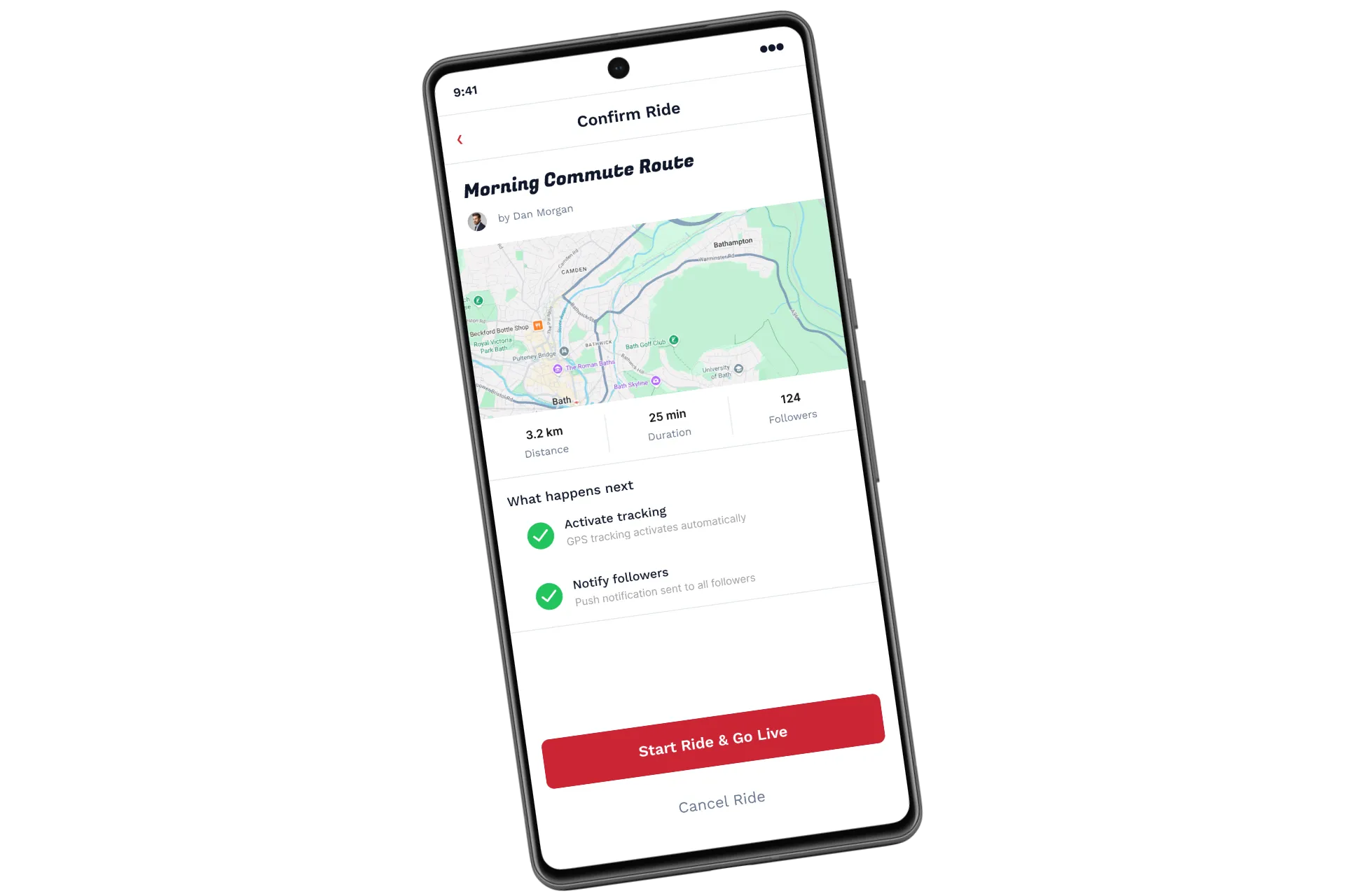 Bike Bus Confirm Ride screen with the Morning Commute route map, what happens next, and a Start Ride & Go Live button.