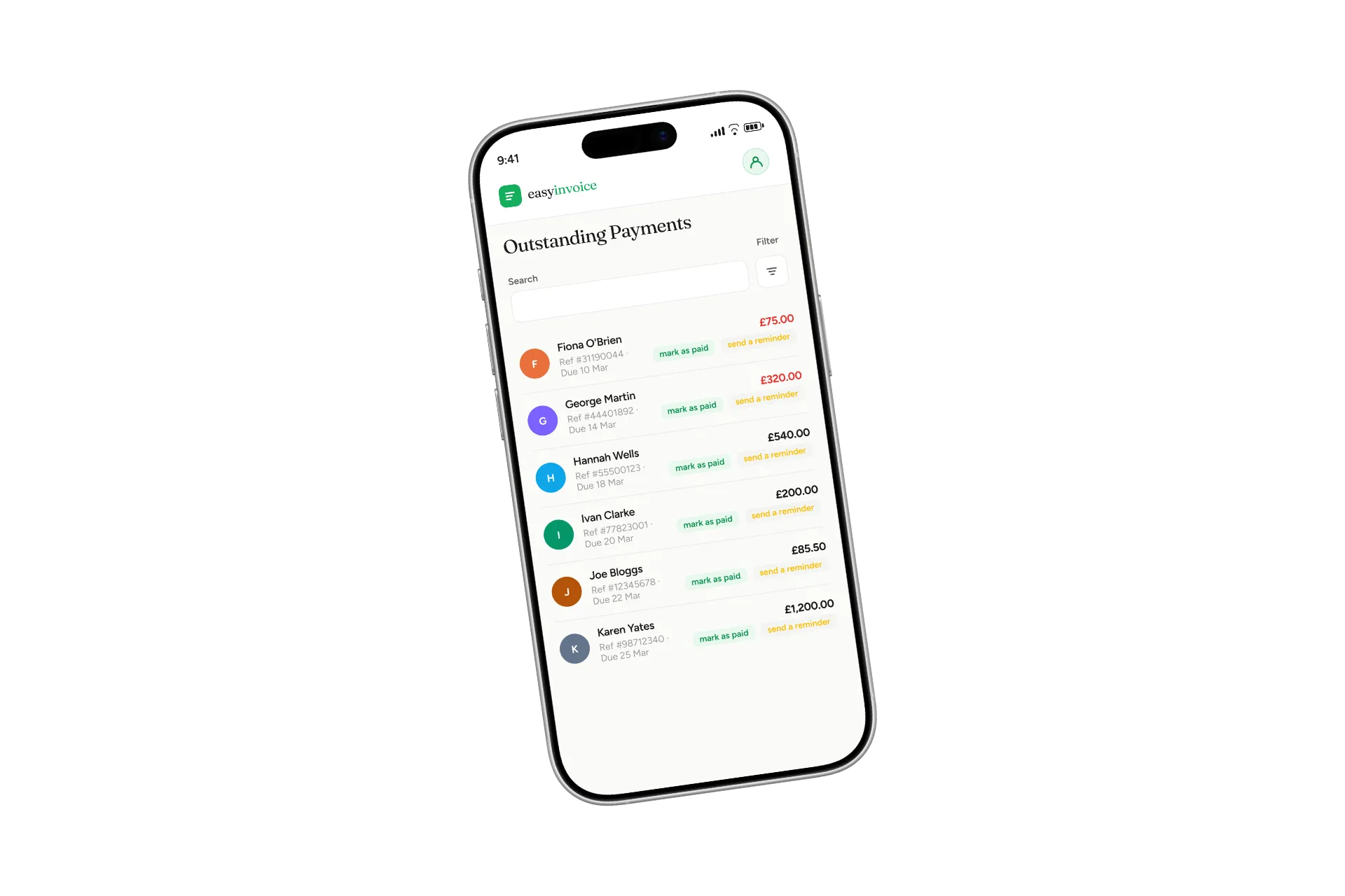 Easy Invoice Outstanding Payments list showing each customer's amount and due date, with options to mark as paid or send a reminder.