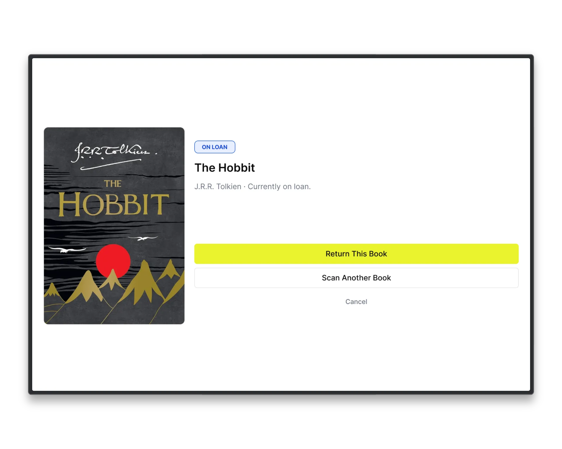 Scan result for The Hobbit marked On Loan, with a Return This Book button.