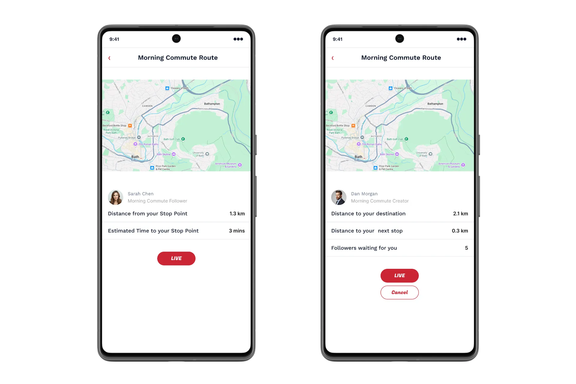 The same live Bike Bus ride side by side: the follower's view and the leader's view, each with distance and timing details.