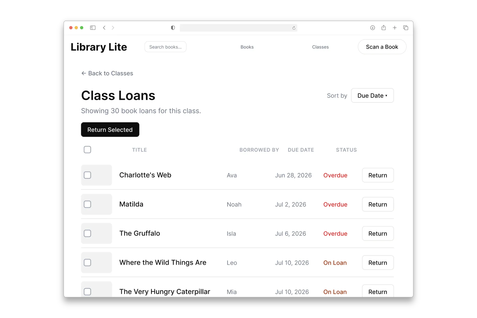 Library Lite Class Loans screen listing a class’s book loans, with the borrower, due date and an Overdue or On Loan status for each book.