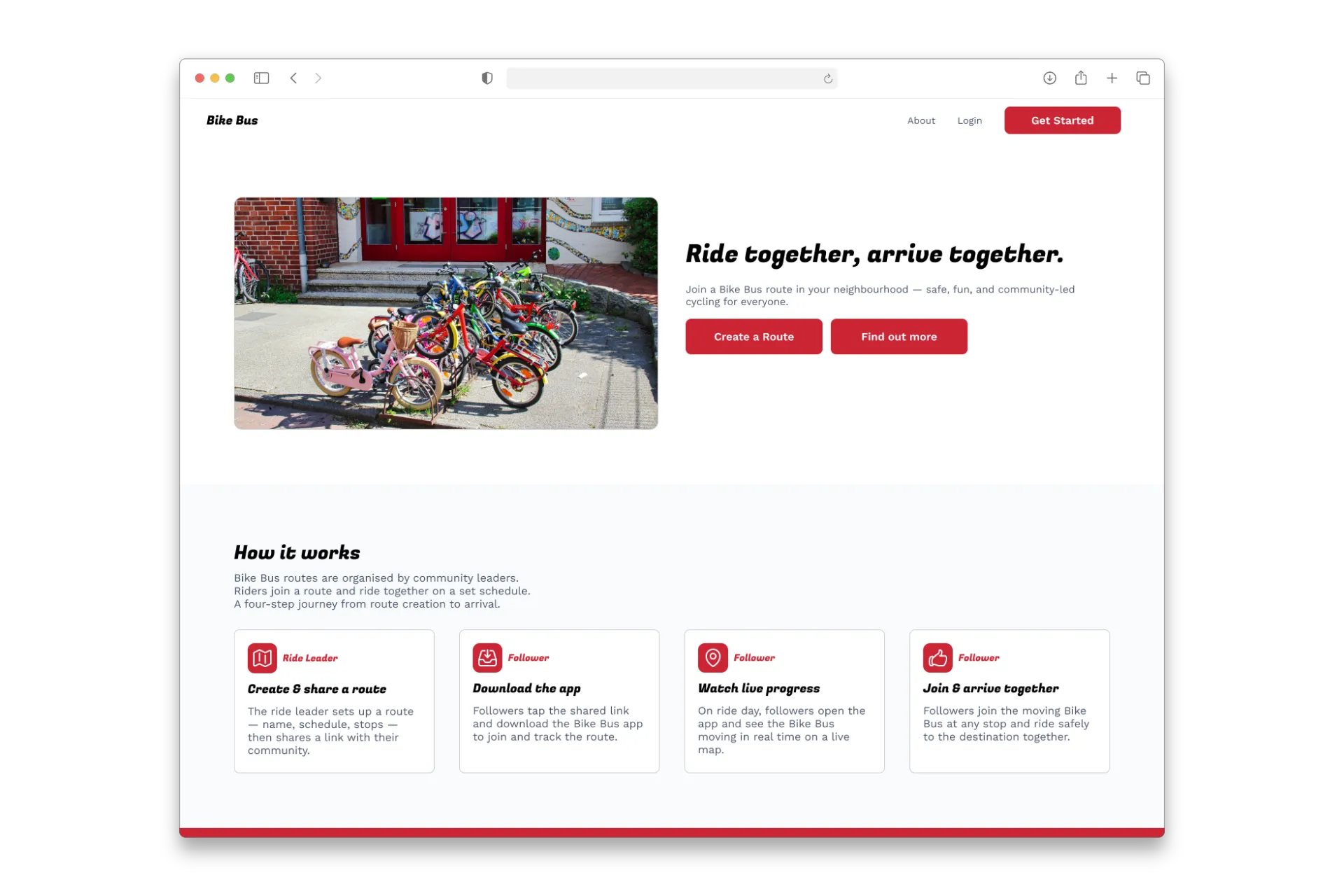 Bike Bus landing page with the headline "Ride together, arrive together.", a photo of children’s bikes and a How it works section.