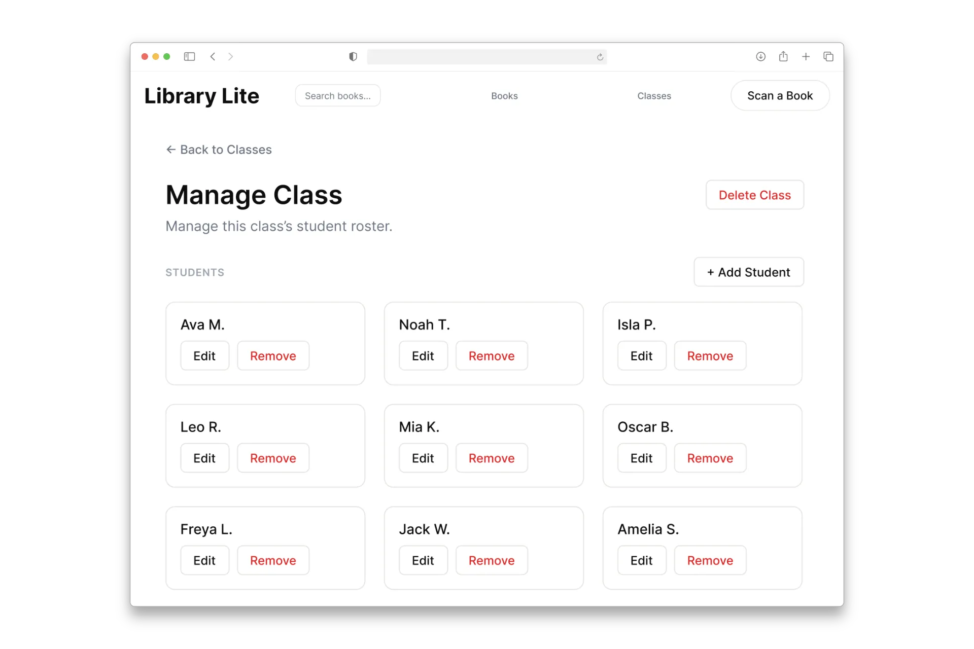 Library Lite Manage Class screen: a grid of pupil cards, each with Edit and Remove buttons.