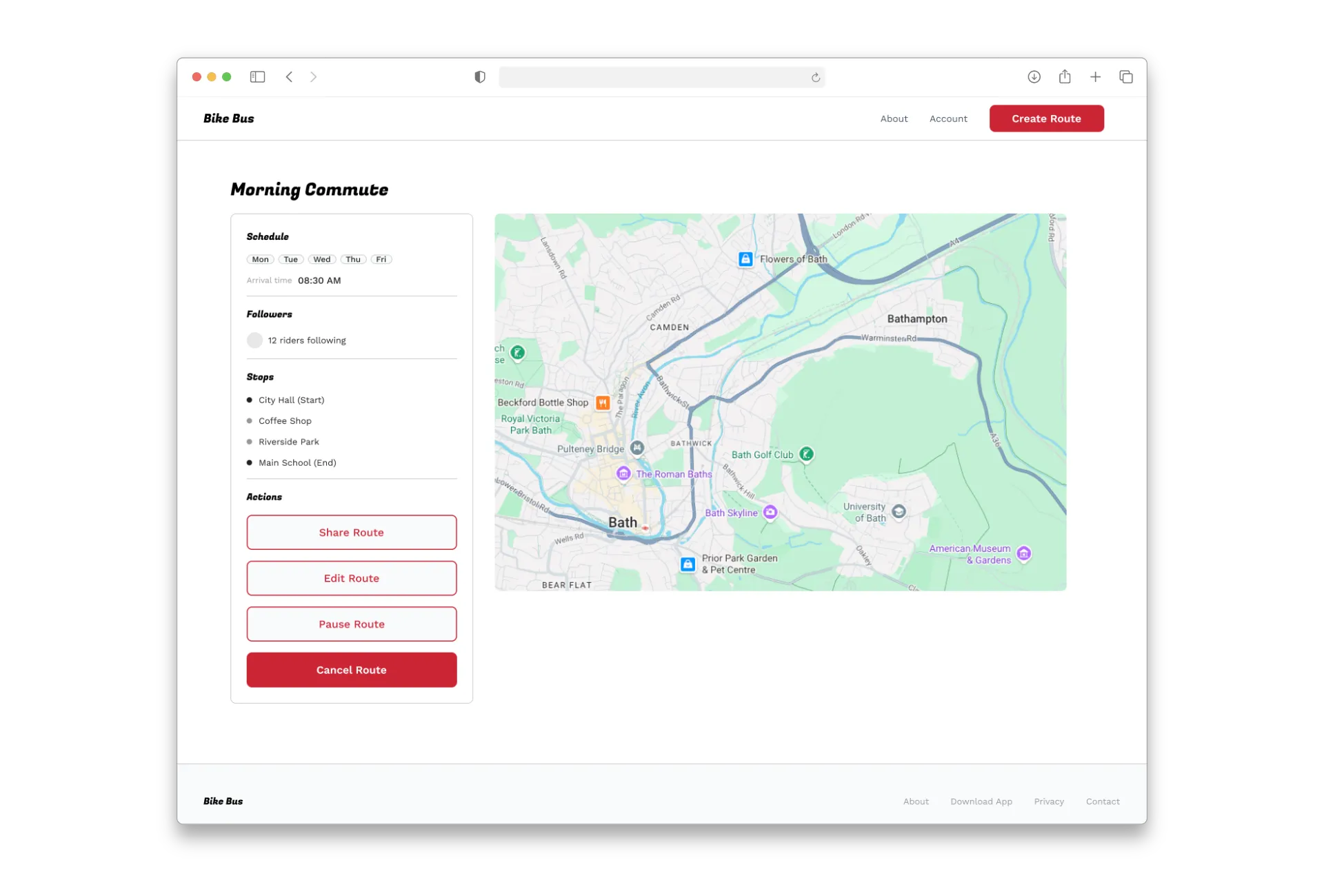 Bike Bus desktop route page for Morning Commute, showing the schedule, followers, stops and route actions beside a map.