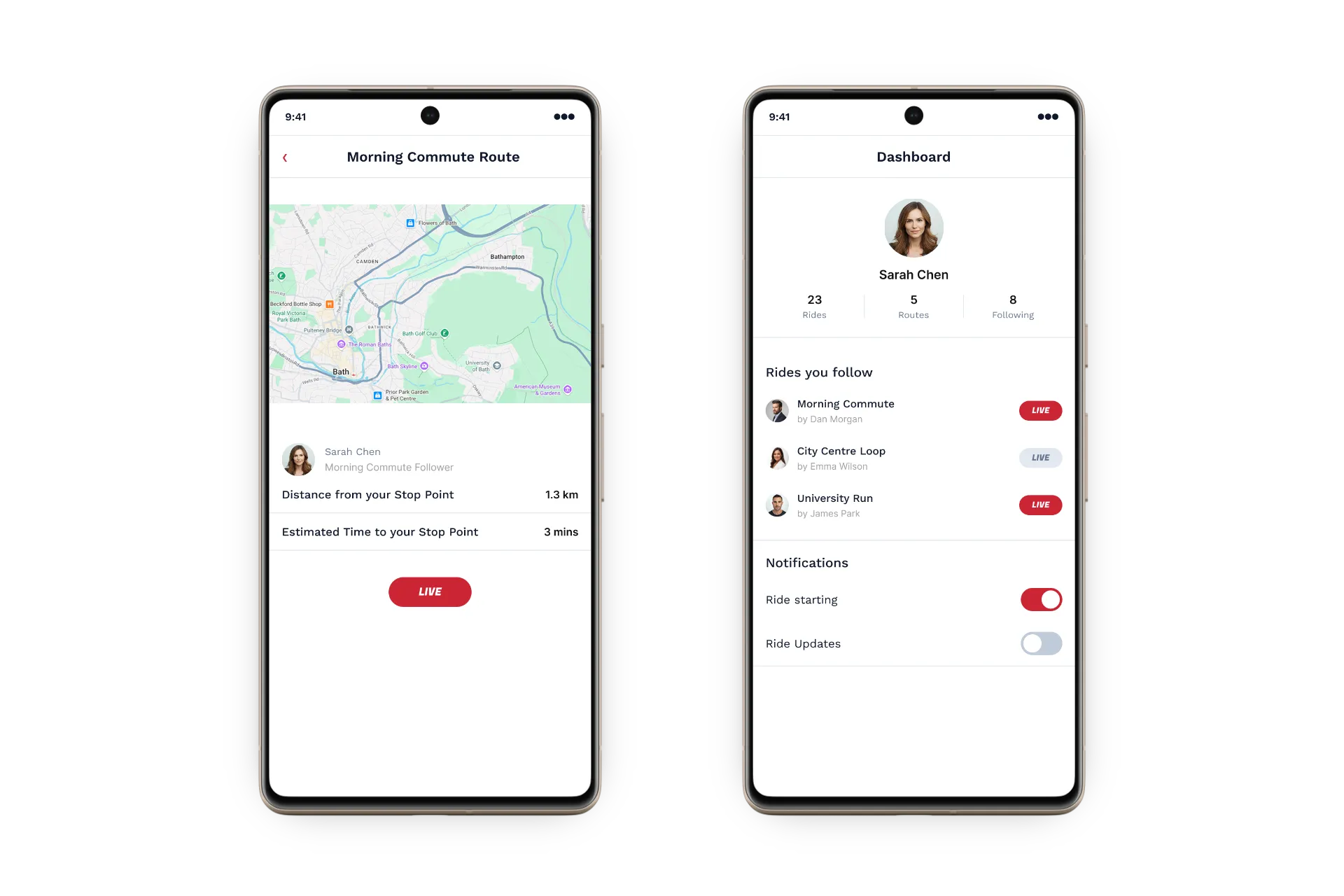 Two Bike Bus phone screens: a follower’s live view of the Morning Commute route with distance and time to their stop, and the dashboard of rides they follow.