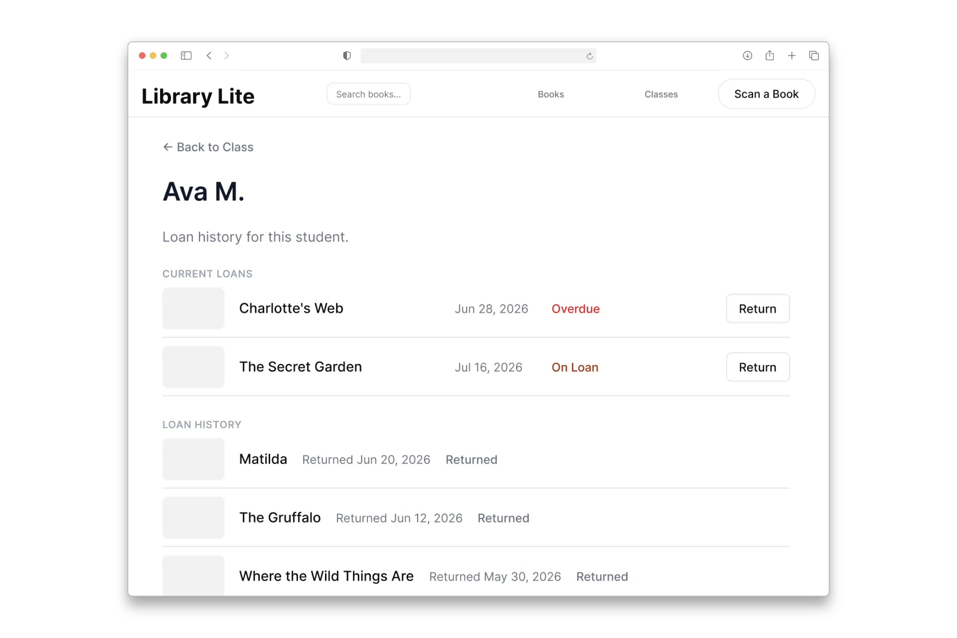 Library Lite student page for Ava M., showing two current loans (one overdue) above her loan history.