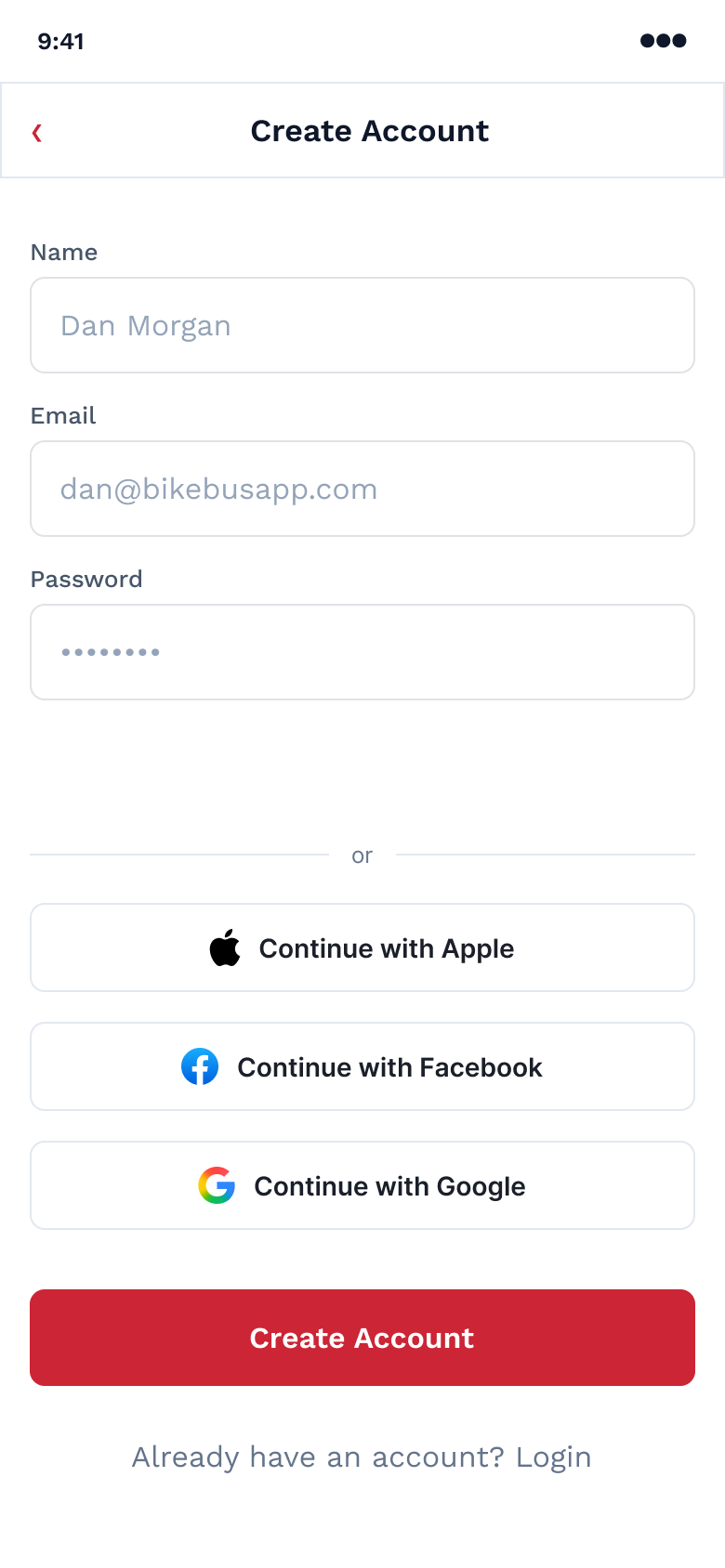 Create Account screen with name, email and password fields plus social sign-in options