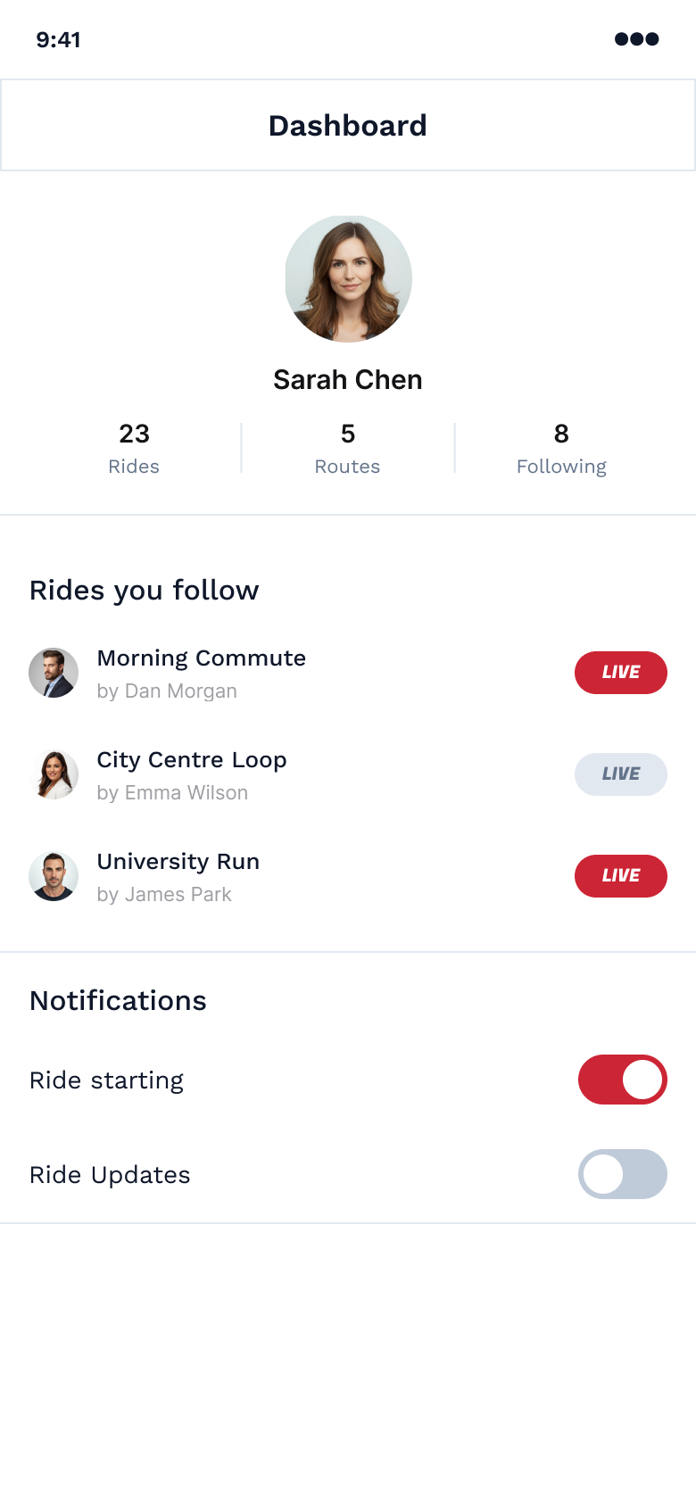 Dashboard screen showing rides you follow and notification toggles