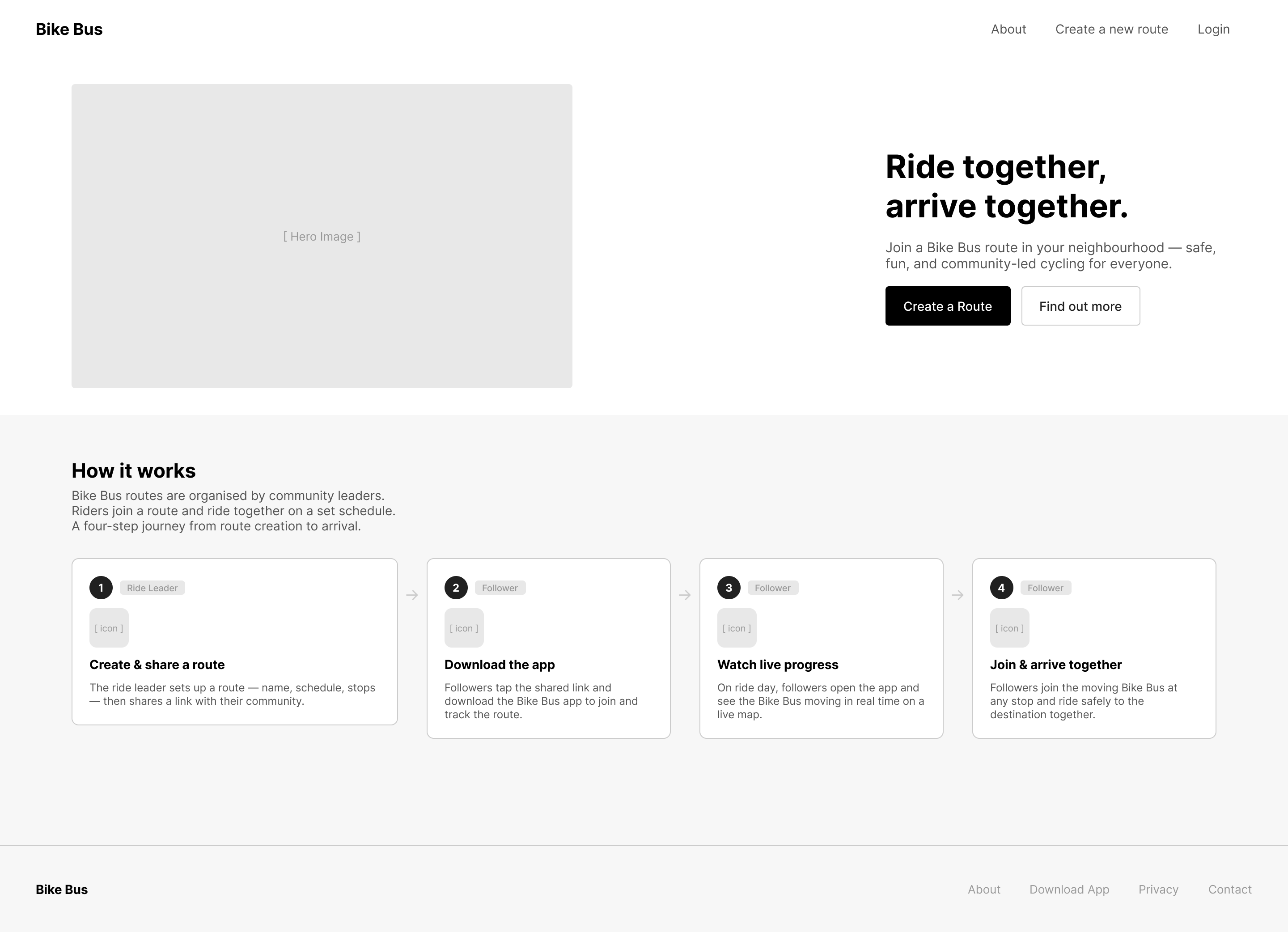 Bike Bus marketing homepage with Ride together, arrive together headline and How it works steps