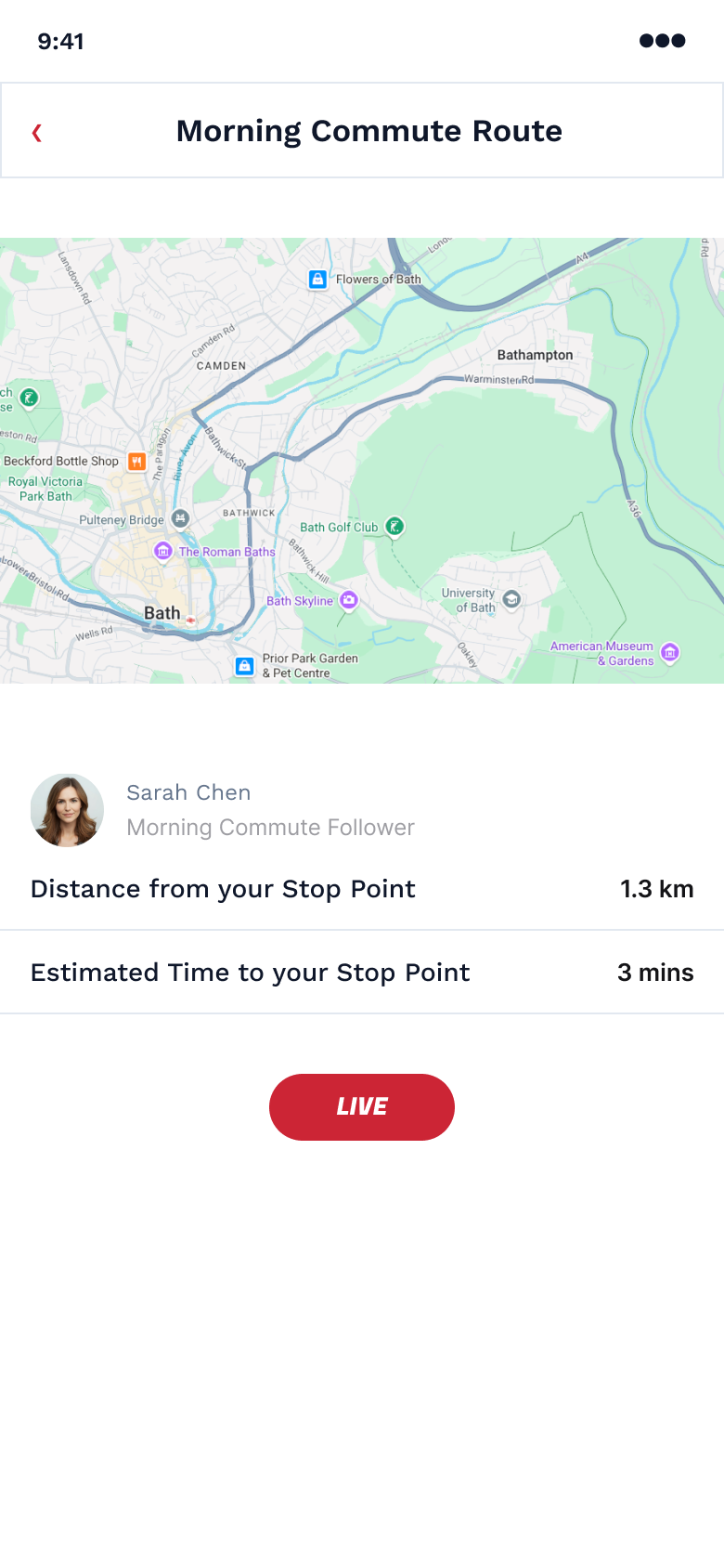 Live route screen for a follower showing distance and time to their stop point while the ride is live