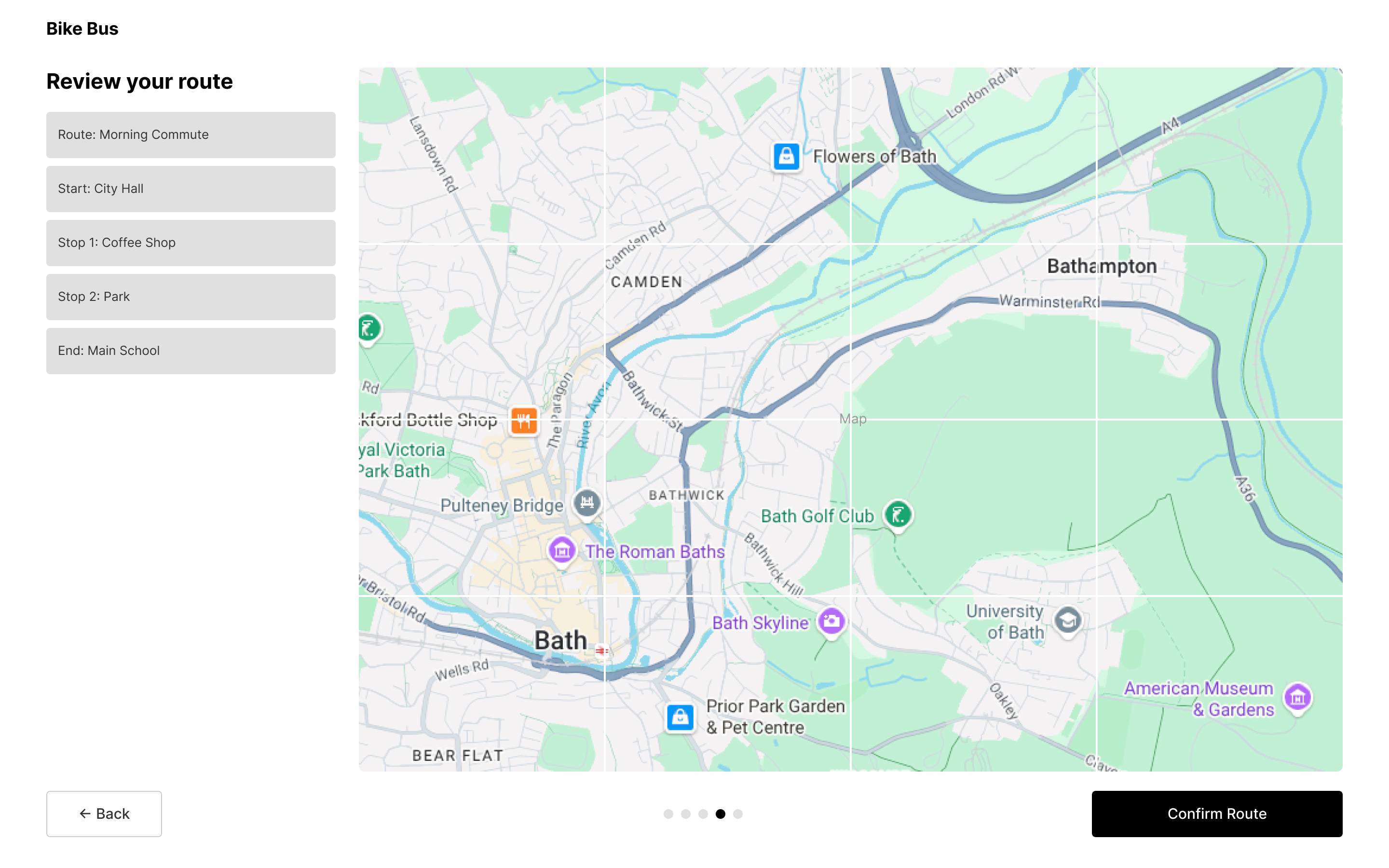 Review your route step showing the route stops list and a map of the ride