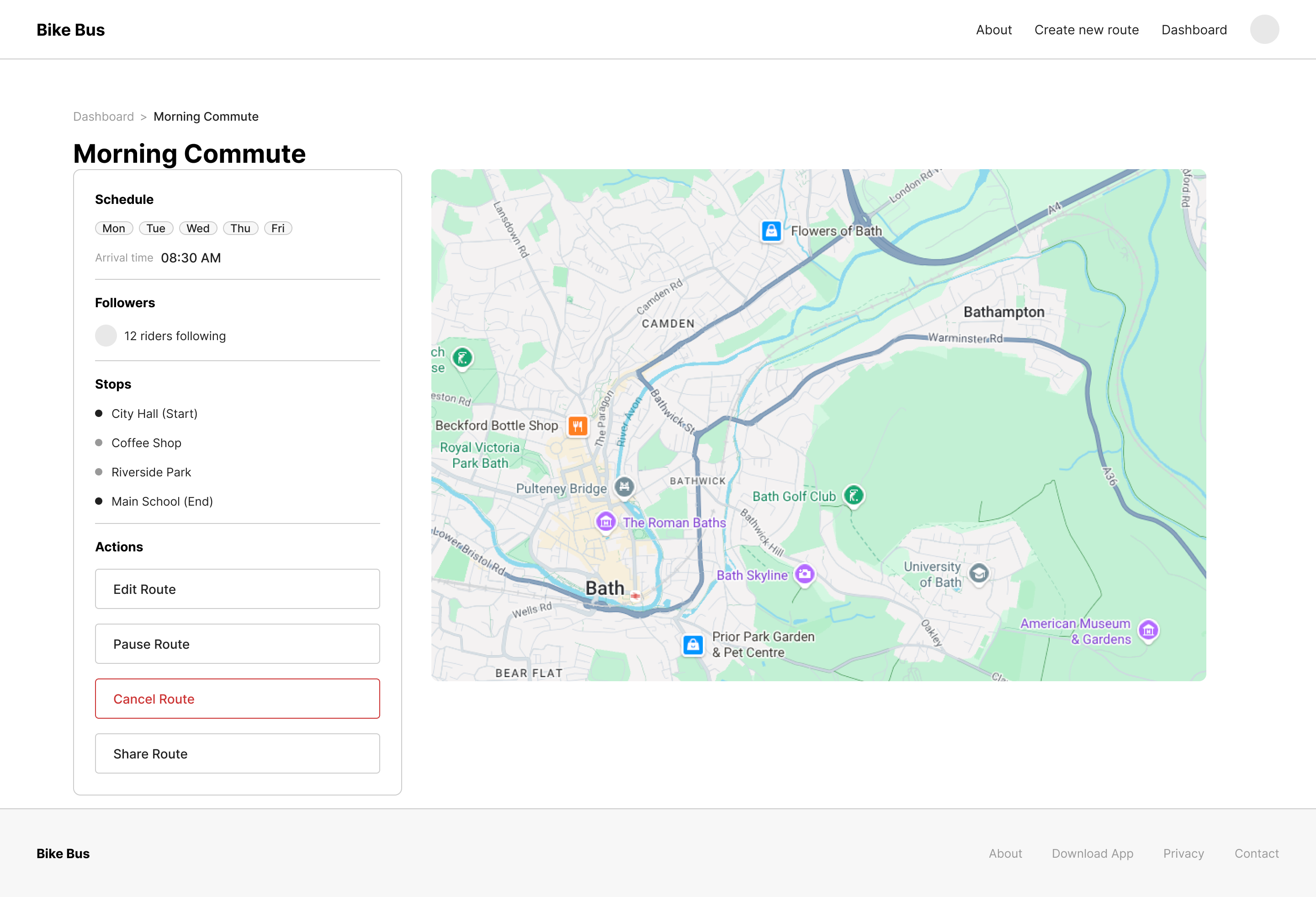 Morning Commute route dashboard with schedule, followers, stops and route actions
