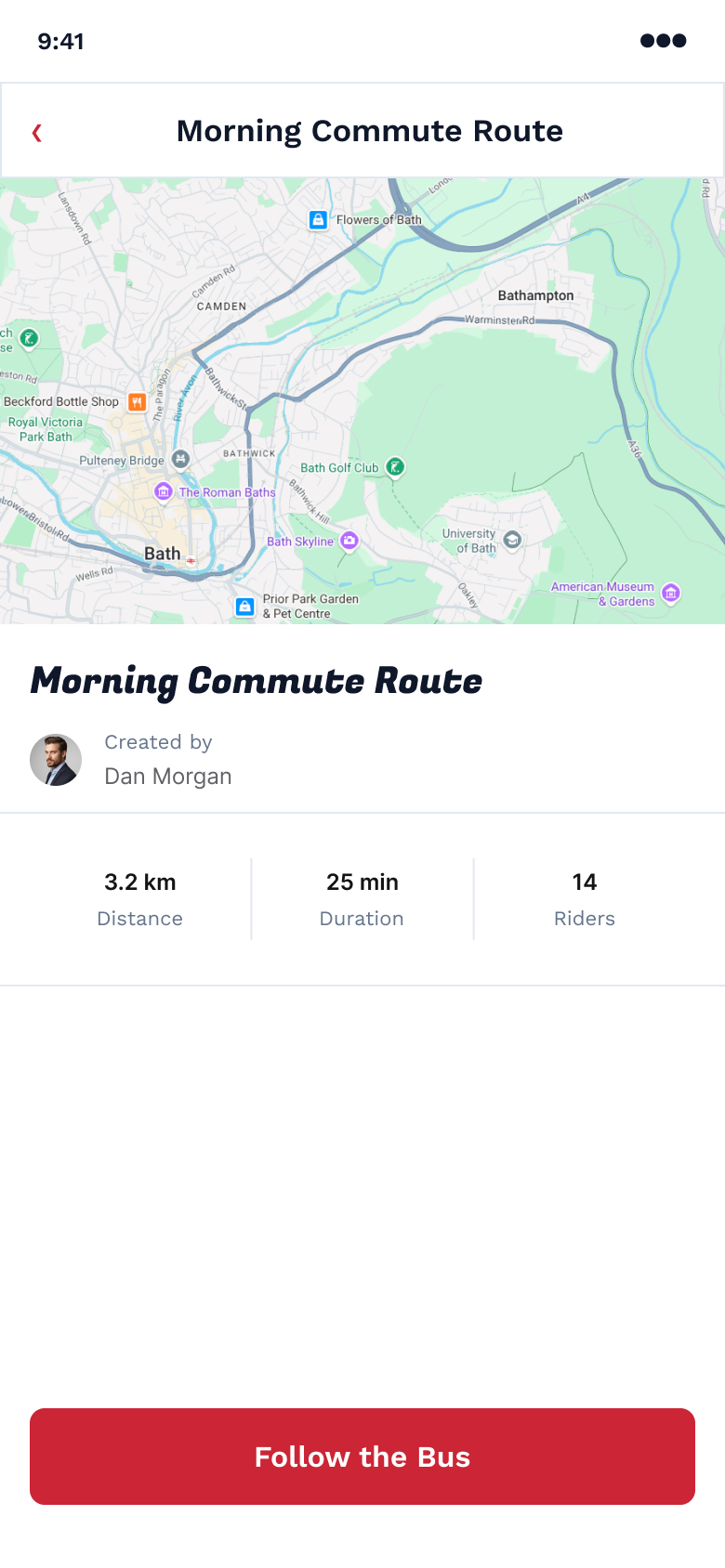 Morning Commute Route screen with distance, duration, rider count and a Follow the Bus button