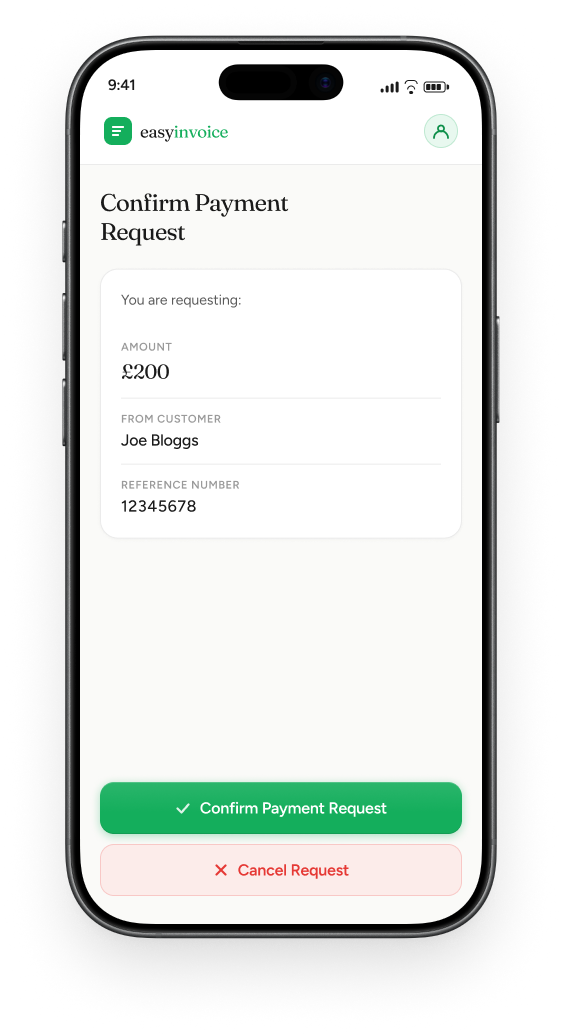 Easy Invoice confirm payment request screen