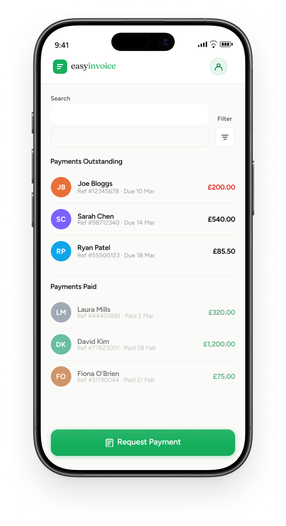 Easy Invoice payments dashboard screen