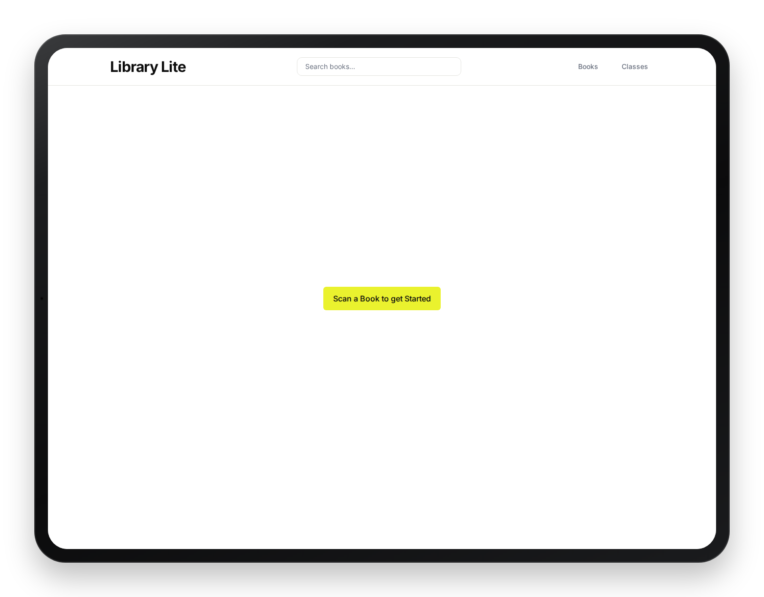 Library Lite landing screen with search, nav, and the Scan a Book CTA, shown in a landscape iPad frame