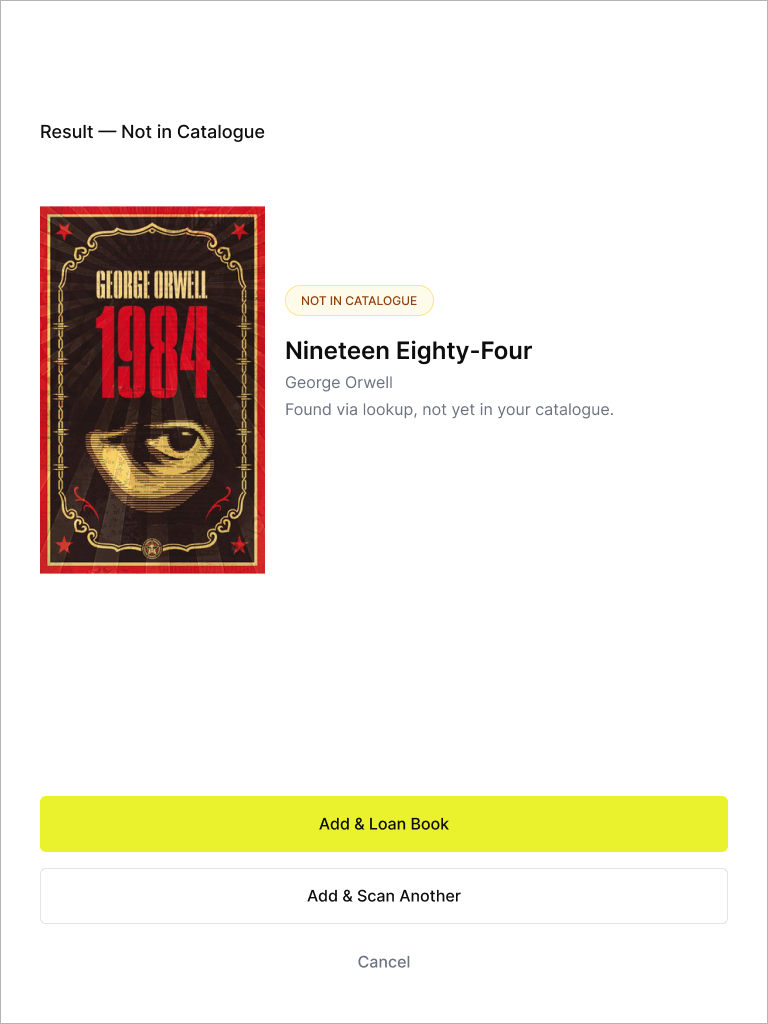 Result screen for a book not yet in the catalogue, with an Add and Loan option