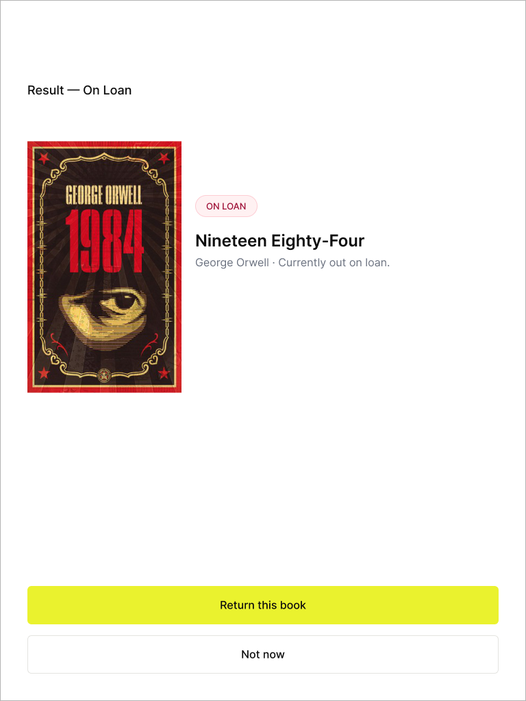 Result screen for a book currently on loan, with a one-tap return option